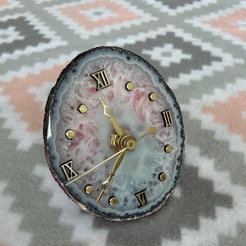 Handmade Pink Agate Slice small Clock with Roman Numerals wall or desk